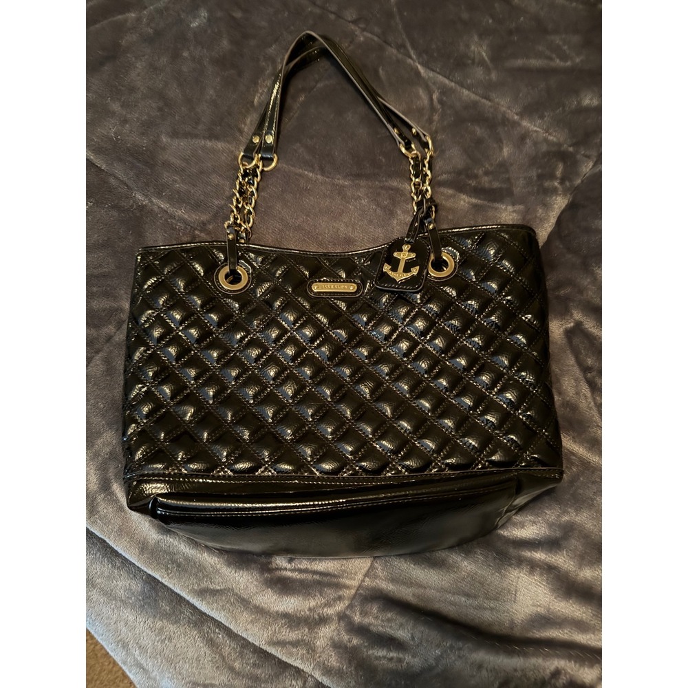Anne Klein Black Quilted Patent Leather Tote Bag Gold Chain Anchor Charm Paisley